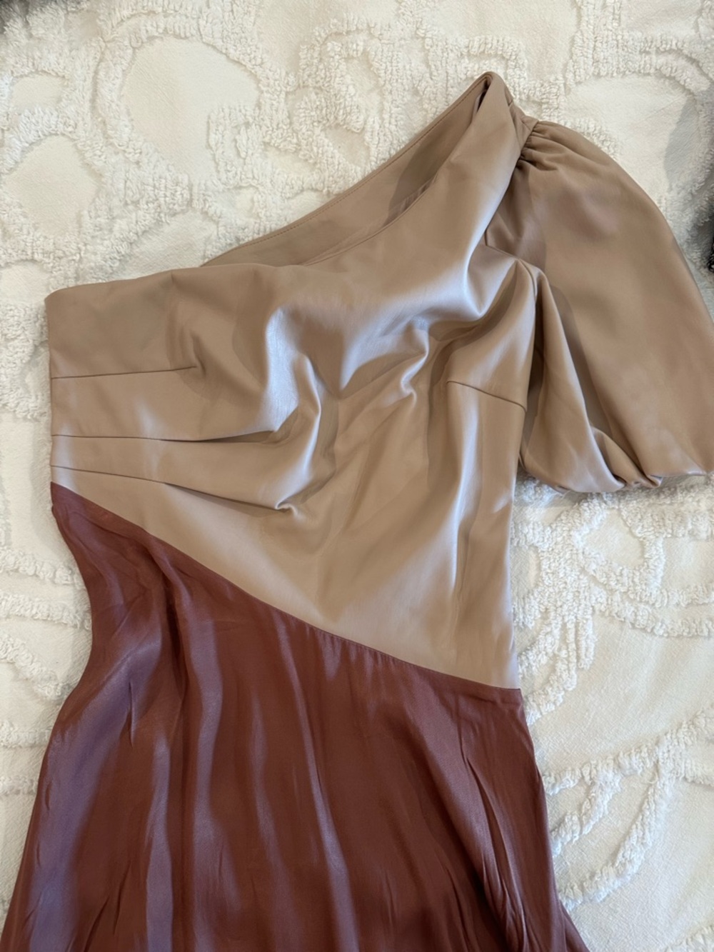 Anthropologie One-Shoulder Satin Dress in Taupe and rose pink NWT
